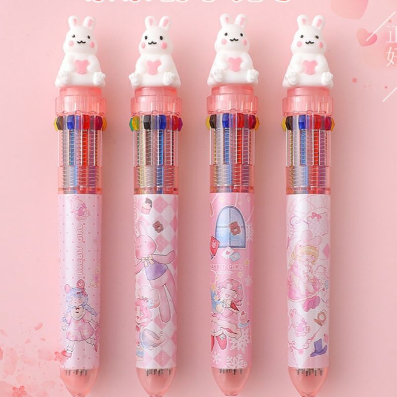 Bút bi 10 màu mực dễ thương khủng long, bò sữa, thỏ cà rốt, gấu xanh/ Bút bi béo lò xo bấm 6 ngòi học sinh, sinh viên