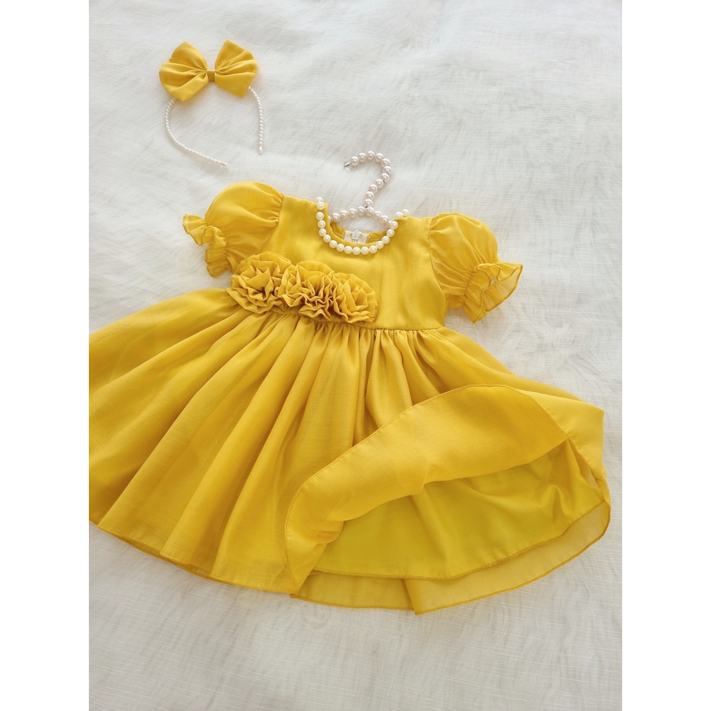 Đầm công chúa cho bé gái kèm bờm tóc chất liệu cao cấp ⚡𝗙𝗥𝗘𝗘𝗦𝗛𝗜𝗣⚡ Váy trẻ em màu vàng kiểu dáng bồng bềnh siêu sang