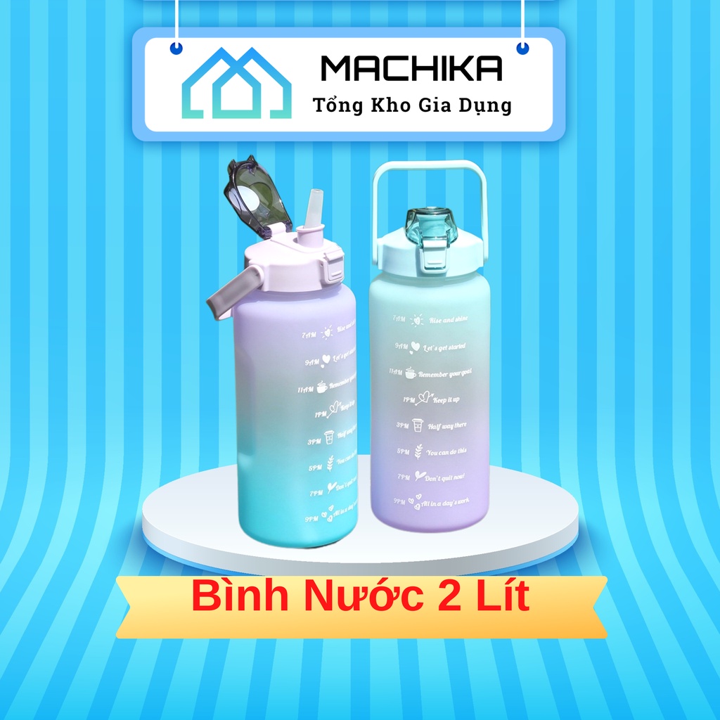 Bình nước 2 lít gym, đi làm, học binh nuoc 2L có ống hút nhắc giờ uống nước - SHEN