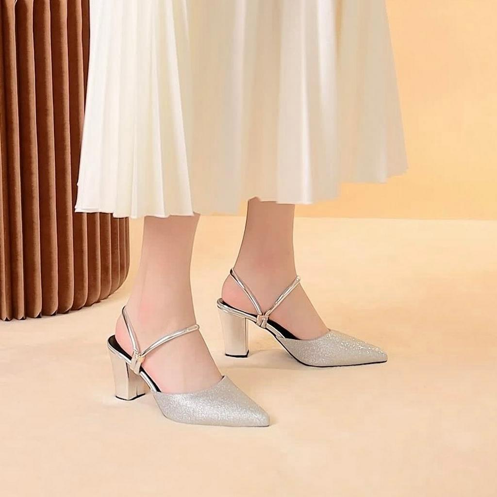 Giày MWC 3540 - Giày Cao Gót Đế Vuông 5cm, Cao Gót Mũi Nhọn, Cao Gót Quai Hậu Sang Trọng