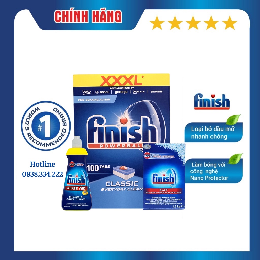 [HCM] Combo Viên rửa chén bát Finish Classic 100 viên + Muối 1.5kg + Nước làm bóng 400ml hương Chanh Chính hãng