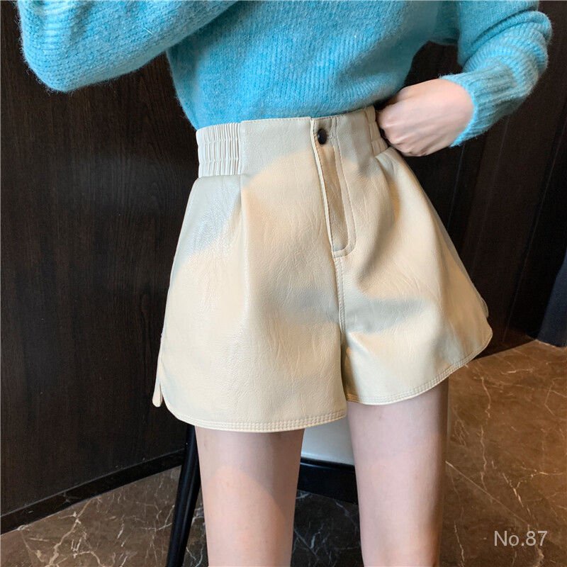 Quần short da lưng cao ống rộng màu trắng thời trang thu đông cho nữ