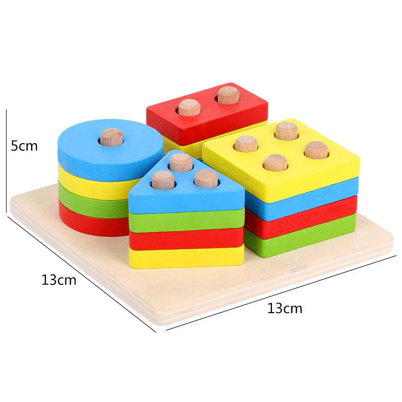 [Size 13x13cm có hộp] Đồ chơi gỗ montessori thả hình khối 4 cọc cho bé