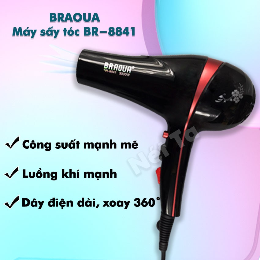 Máy sấy tóc BRAOUABR-8841 công suất mạnh mẽ 3000W chuyên nghiệp với hai chiều sấy nóng lạnh điều chỉnh tốc độ linh hoạt