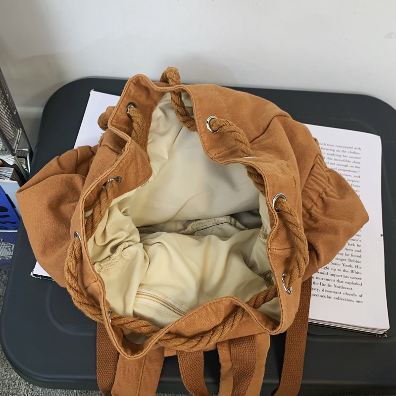 Ba Lô Vải Canvas Dây Rút Màu Nâu Phong Cách Vintage Thời Trang Cho Nữ