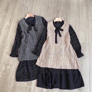 Set len gile váy đuôi cá cổ nơ