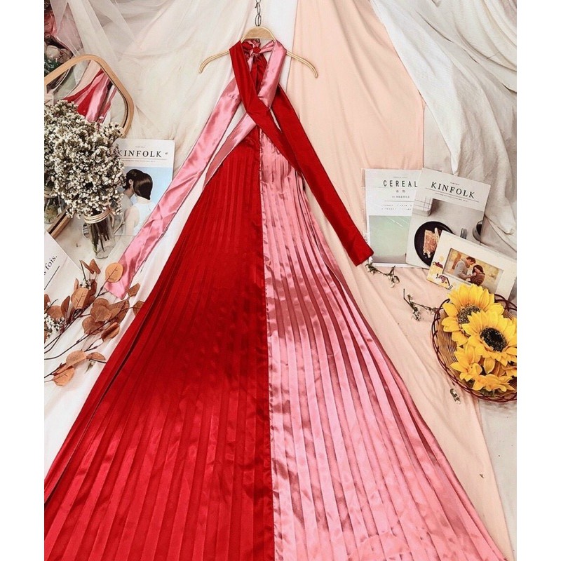Đầm váy maxi dập ly cổ yếm phối màu siêu sống ảo, chụp hình Hakieu Msp026 ( hình chụp thật ) | BigBuy360 - bigbuy360.vn