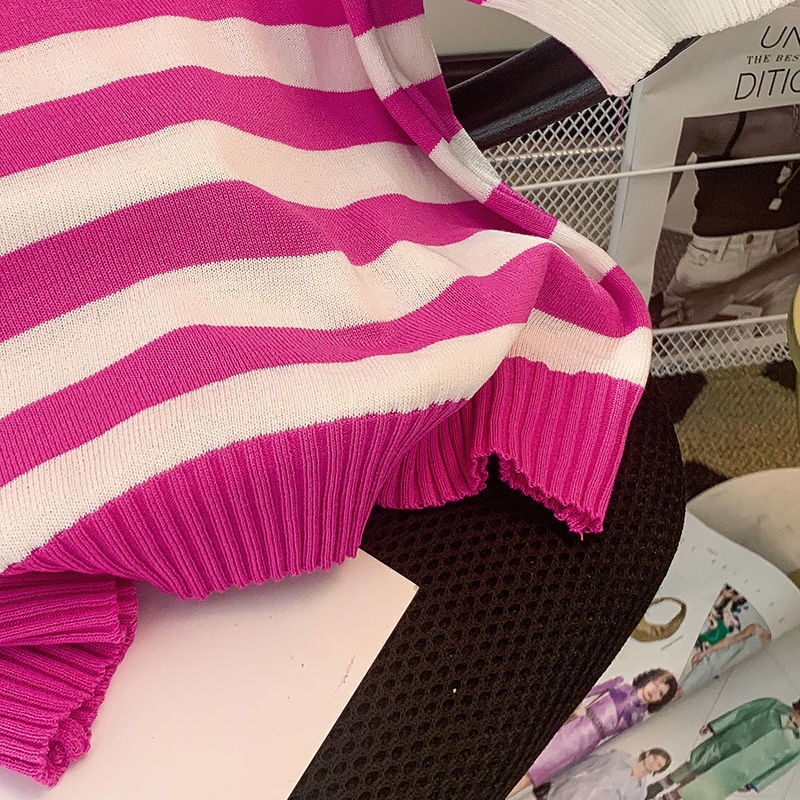 Áo polo Dệt Kim Cổ Bẻ Họa Tiết Kẻ Sọc Thời Trang Mùa Hè Phong Cách Hàn Quốc Mới Cho Nữ