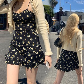 (HÀNG SẴN) Váy hai dây hoa nhí xòe ngắn gợi cảm mùa hè Hàn Quốc màu đen retro (KÈM ẢNH THẬT SHOP TỰ CHỤP)