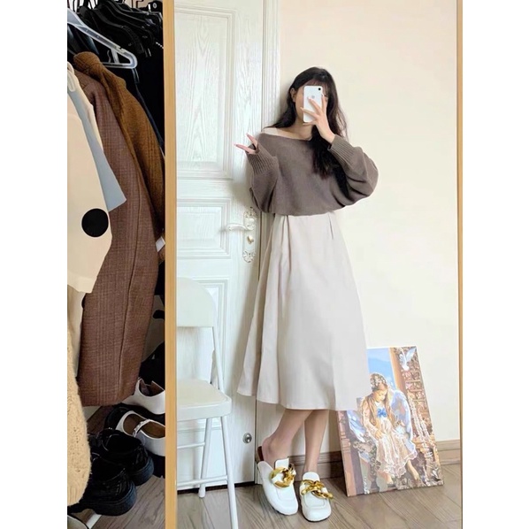 SET ÁO LEN CÁNH DƠI TRỄ VAI CROPTOP MIX VÁY DÀI PHONG CÁCH TIỂU THƯ HÀN QUỐC ULZZANG