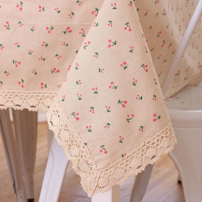 Khăn Trải Bàn Hình Chữ Nhật Bằng Vải Cotton Lanh Phối Ren Họa Tiết Hoa Đơn Giản Phong Cách Nhật Bản
