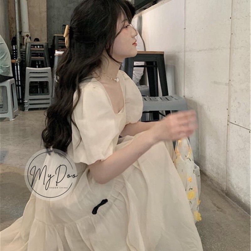 Váy trắng tiểu thơ dài xinh xắn 2 lớp HOT TREND váy baby doll nơ tay bồng cho nữ - V1