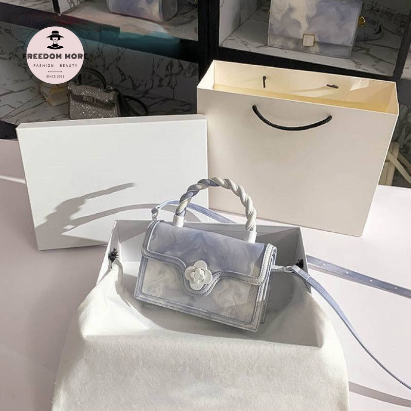 Túi Đeo Chéo Hình Vuông Nhỏ Thiết Kế Phối Khóa Hoa Màu Xanh Dương Phong Cách Xuân Hè Mới 2022