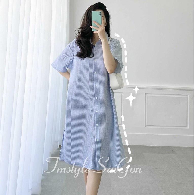 Đầm sơ mi tay ngắn xẻ lai kẻ ullzang thời trang nữ VM STYLE 5150 - 22SU05N161201