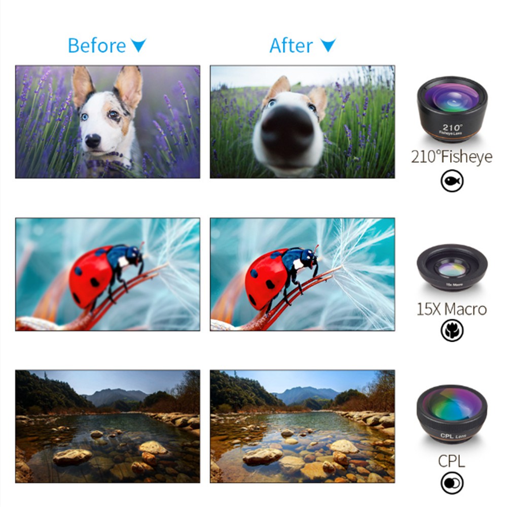Bộ ống kính,lens chụp ảnh apexel dành cho điện thoại,6 ống kính,góc rộng,mắt cá,macro,phù hợp mọi loại máy điện thoại