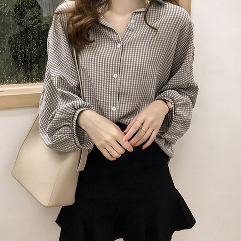 Áo sơ mi nữ dài tay kẻ sọc ca rô thời trang Hàn Quốc 2018
