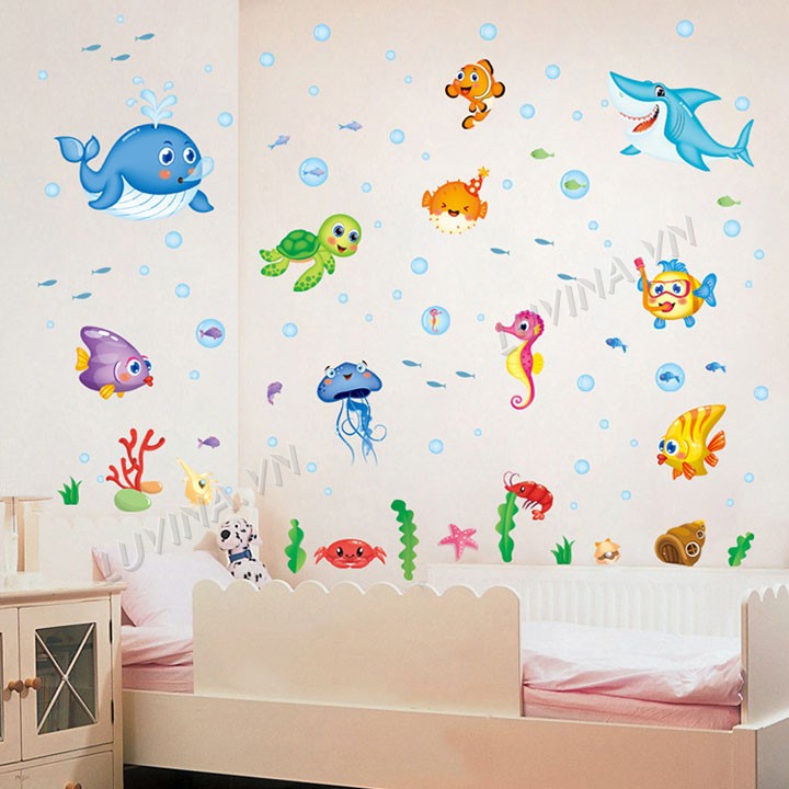 Decal dán tường trang trí quán cafe, văn phòng,phòng cho bé - Đàn cá đại dương