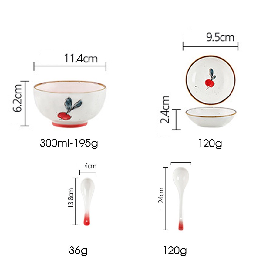 Bát ăn cơm, chén ăn cơm, bát gia vị - thìa họa tiết củ cải đỏ vẽ tay [ HÀNG SẴN ]