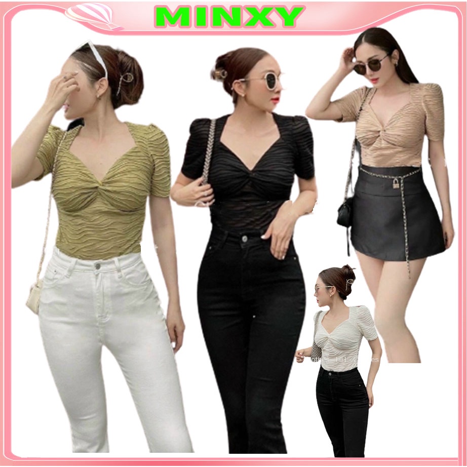 Áo ren sóng cổ xoắn cực xinh chất co dãn mặc thoả mái mà vẫn tôn body.
