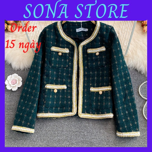 Áo dạ tweed nữ khoác tiểu thư đen be xanh viền thừng sang chảnh hàng quảng châu cao cấp SONA STORE Order taobao ADT3