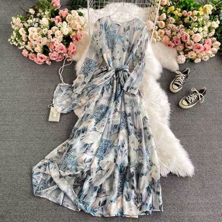 Váy lụa hoa dáng dài cổ tròn