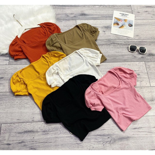 ÁO THUN GÂN TAY PHỒNG CỔ VUÔNG  Croptop