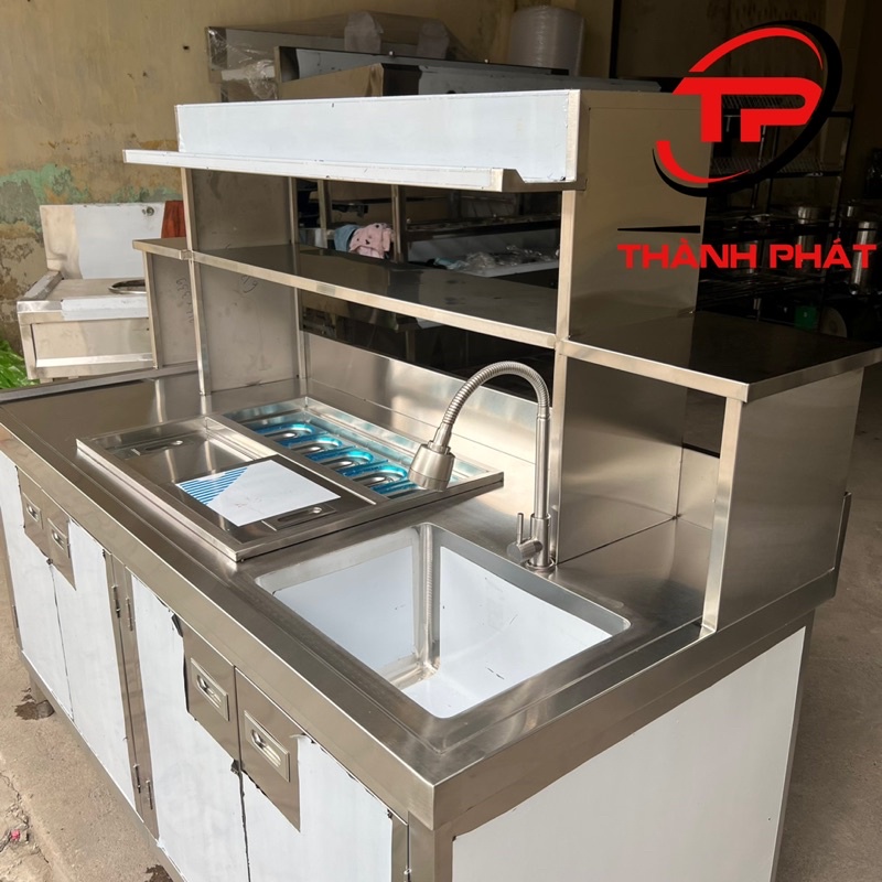 Quầy pha chế inox 1.6m, Thùng đá kèm 5 khay topping