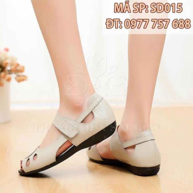 Xả Hàng- Sandal đế thấp cho mẹ giày đen hở mũi ngoại cỡ trung niên êm chân SD015 - ,