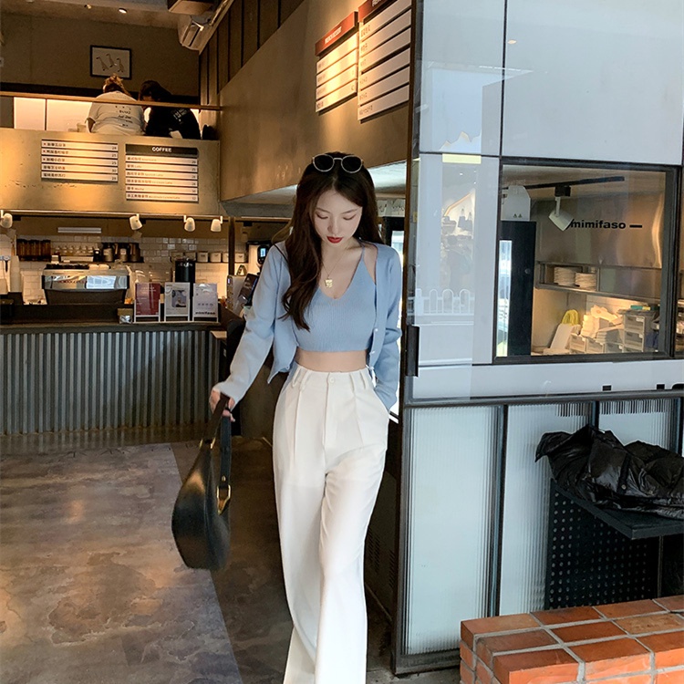 QKOOLE  Áo cardigan màu trơn và áo hai dây dệt kim thời trang Hàn Quốc cho nữ