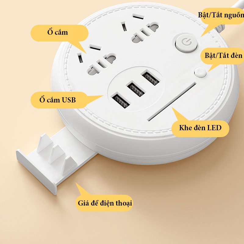 Ổ Cắm Điện Thông Minh Đa Năng Chống Giật, Tích Hợp 3 Cổng Sạc USB Tiện Lợi, Hình TRÒN CÓ LED VER 4 - Gia Dụng Tý Tẹo