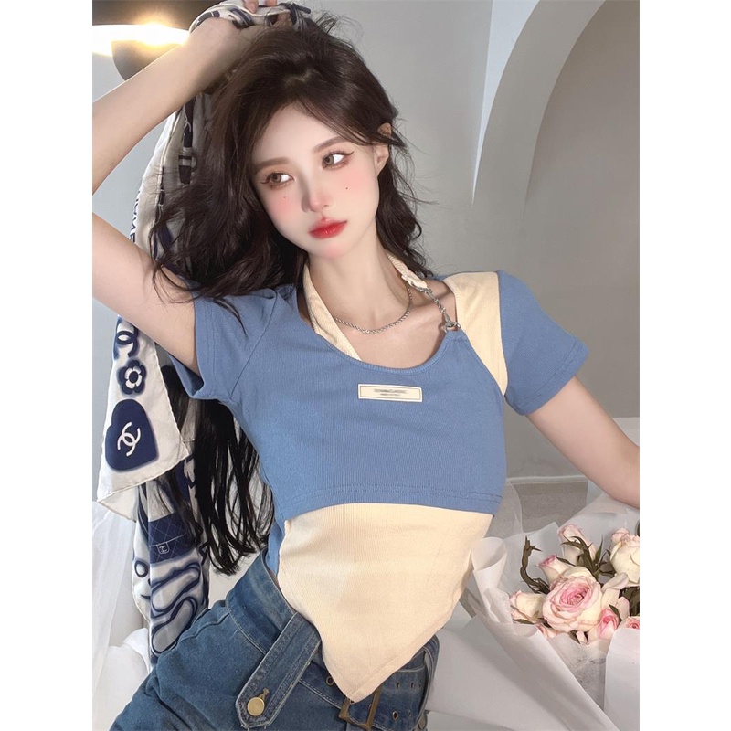 Áo sweater Giả Hai Lớp Dáng Ngắn Phối Khóa Kéo Thời Trang Cho Nữ