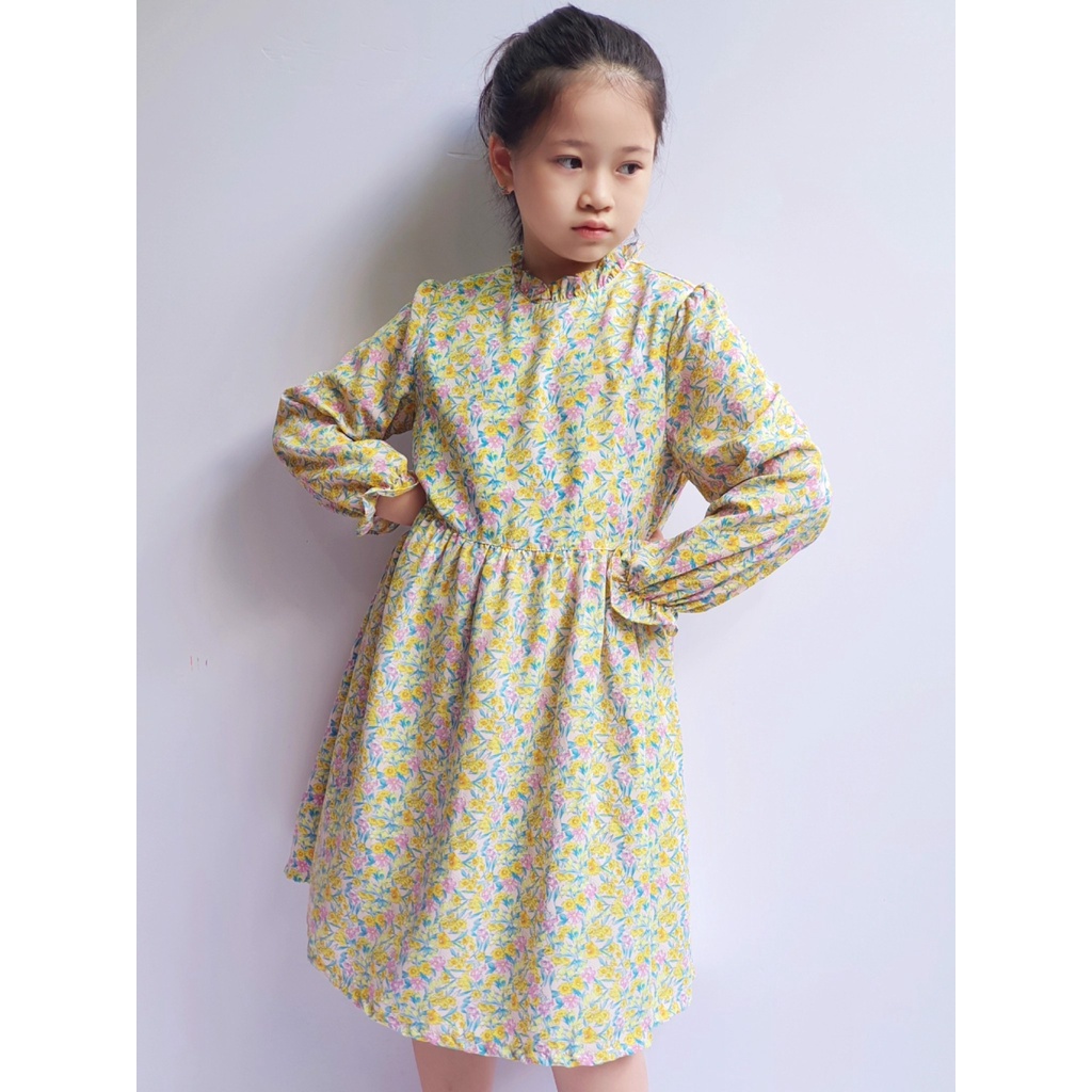 Váy chiffon Curlysue hoa nhí vàng hồng cổ bèo nhún eo