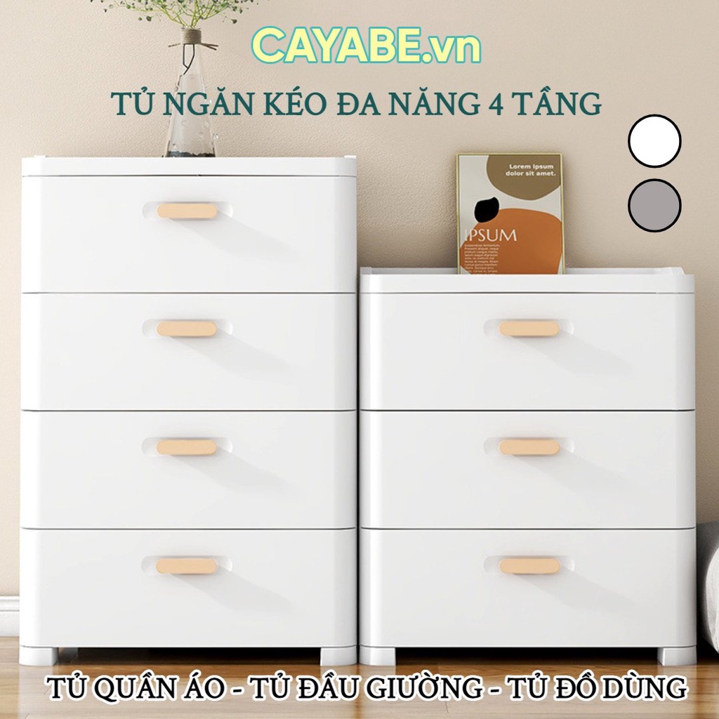 Tủ kệ nhựa 4 tầng ngăn kéo cho bé và gia đình CAYABE đựng quần áo, tủ nhà bếp, đầu giường màu trắng - xám