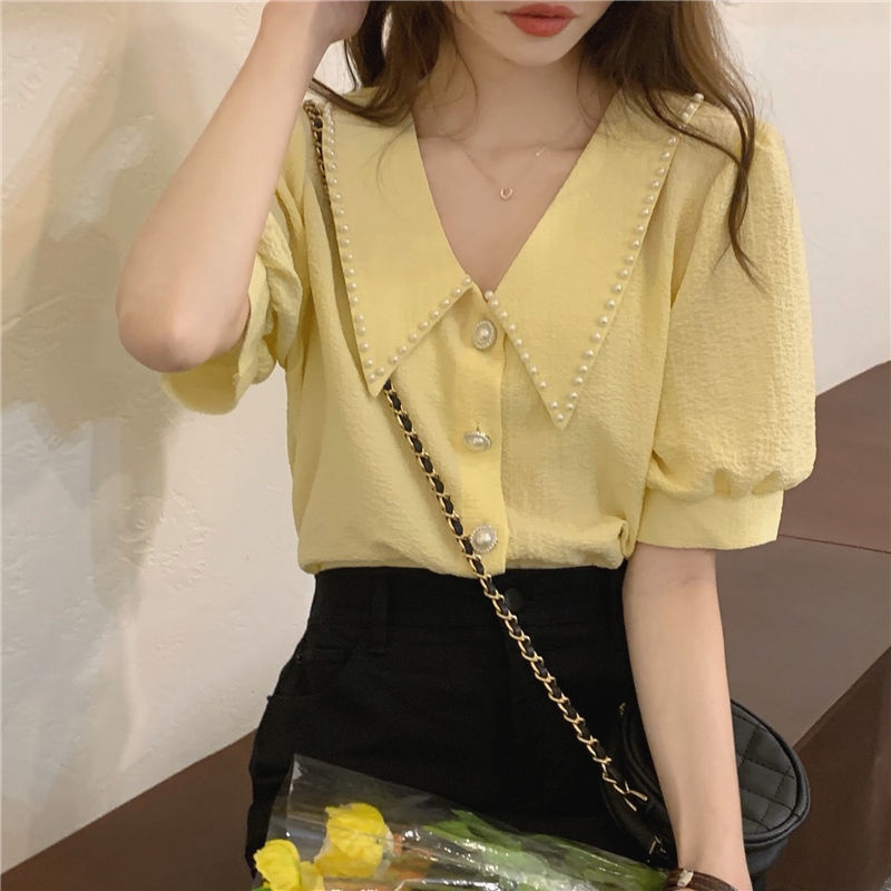 Áo Sơ Mi Chiffon Tay Phồng Cổ Búp Bê Màu Trắng Thời Trang Mùa Hè Ngọt Ngào Dành Cho Bạn Nữ