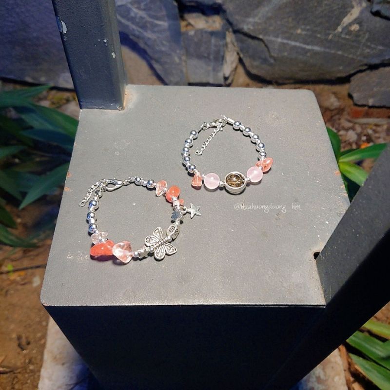 SET NGUYÊN LIỆU DIY tự làm vòng tay vòng chân handmade đá thạch anh dâu tay kiểu dáng nữ tính