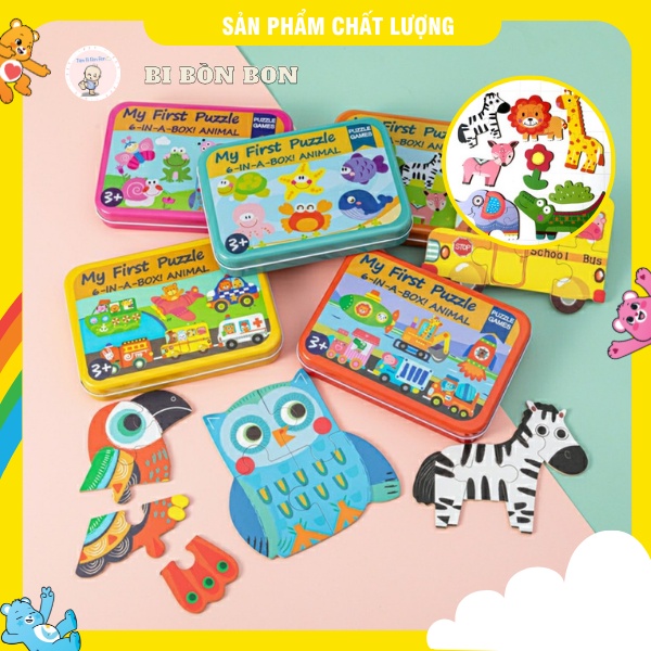Bộ xếp hình 6 hình khởi đầu My First Puzzle hộp sắt cho bé 2-5 tuổi, tranh ghép 3D phát triển trí tuệ cho bé
