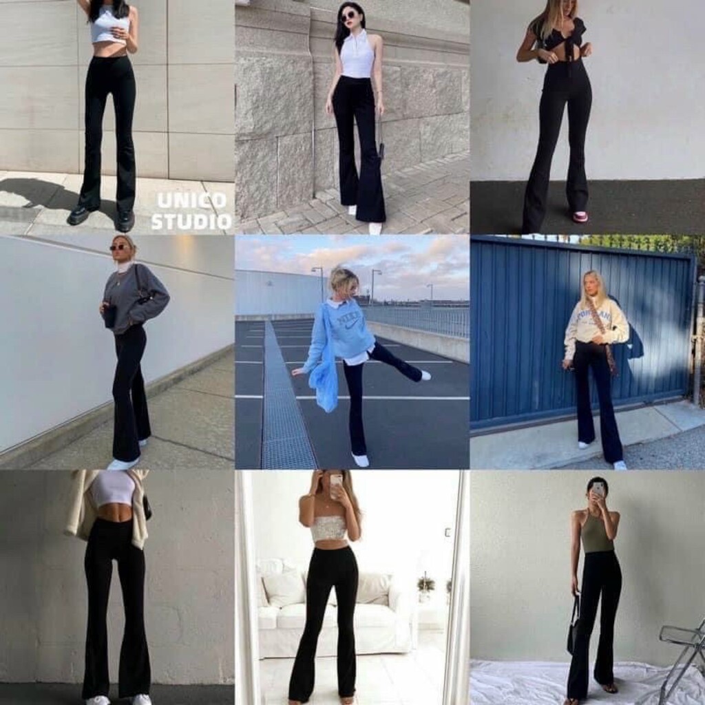 Quần ống loe nữ lưng cao vải thun cotton co dãn form chuẩn hack dáng, Quần legging nữ ống loe màu đen Geleva LEG429