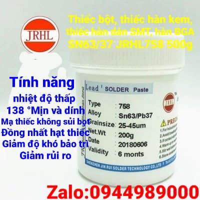 Thiếc bột, thiếc hàn kem, thiếc hàn dán SMT, hàn BGA SN63/37 JRHL758 500g