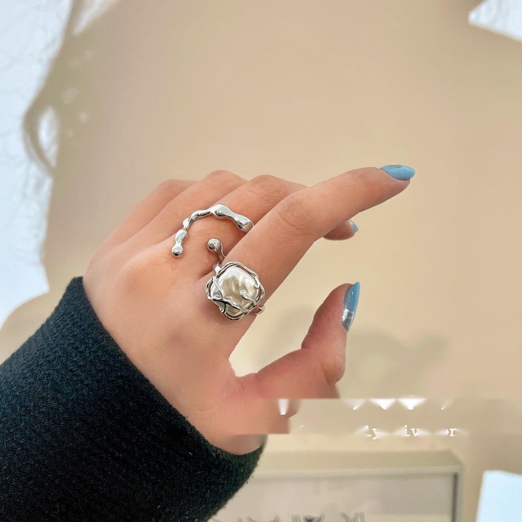 Nhẫn Kim Loại Đính Hạt Ngọc Trai Hình Vuông Phong Cách Hàn Quốc