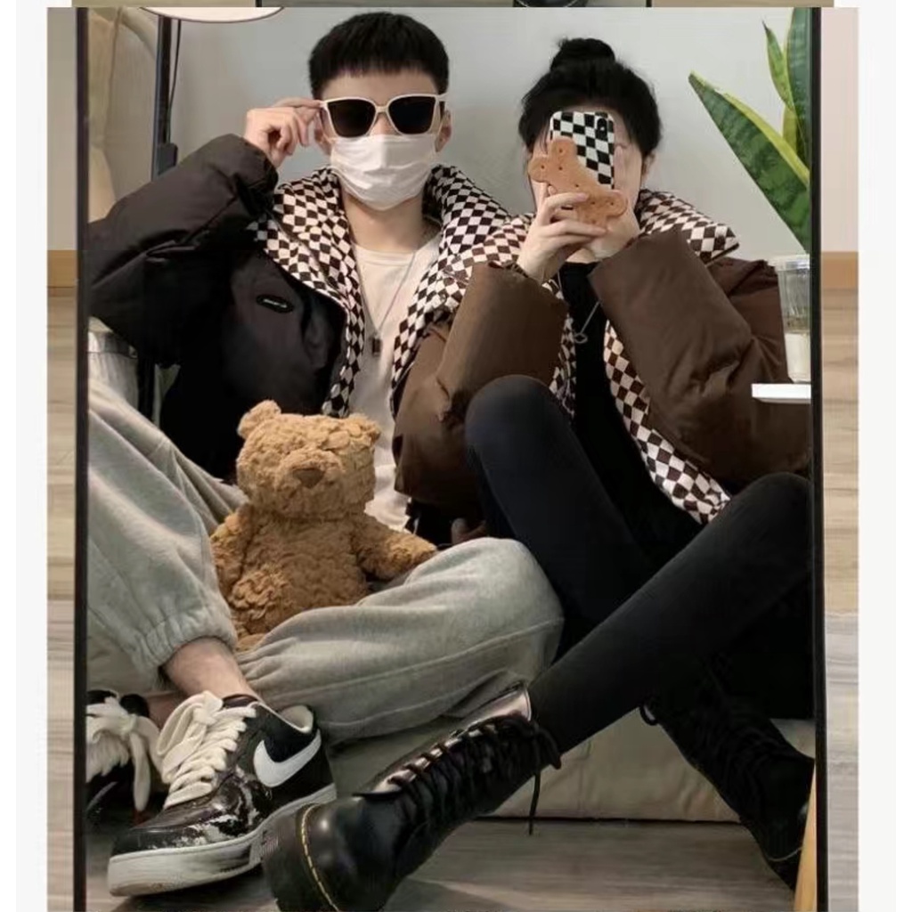 Áo khoác phao béo unisex nam nữ cổ mix caro bàn cờ KZOOM MADE form rộng rãi thiết kế mới mùa đông 2022