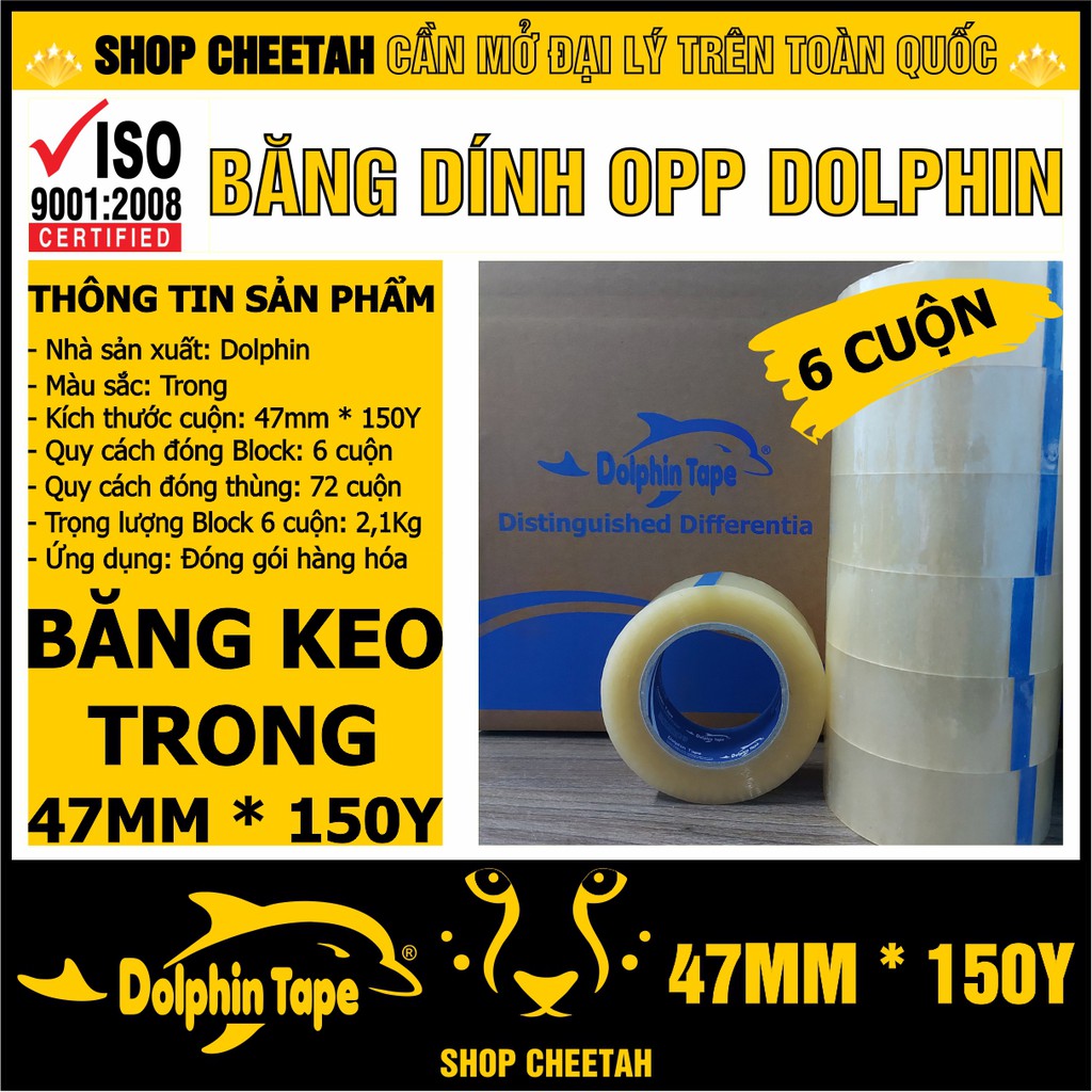 Block 6 cuộn băng dính OPP dài 150Y màu Trong – Băng dính Dolphin – Chuyên dùng cho đóng gói hàng hóa – Đóng thùng carto