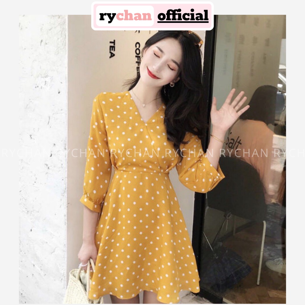 [ẢNH THẬT CUỐI] DX822 - Đầm Xòe Đi Du Lịch Biển Chấm Bi Vàng Cam Cổ V