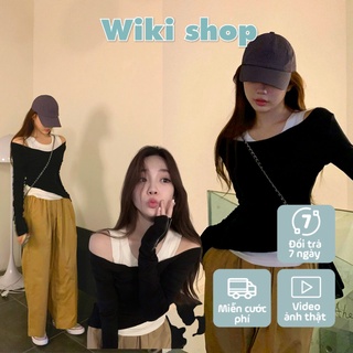 Áo thun layer nữ, áo thun kiểu nữ dài tay cổ tròn đen trắng phom ôm dáng suông hàn quốc cá tính đi chơi Wikishop C1085