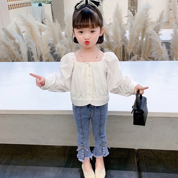 Quần Jean Co Giãn Gắn Nơ Phong Cách Hàn Quốc Thời Trang Mùa Xuân Thu Dành Cho Bé Gái 0-9 Tuổi