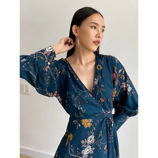 Đầm Hoa Xanh Thắt Nơ Eo EDINI - D1365