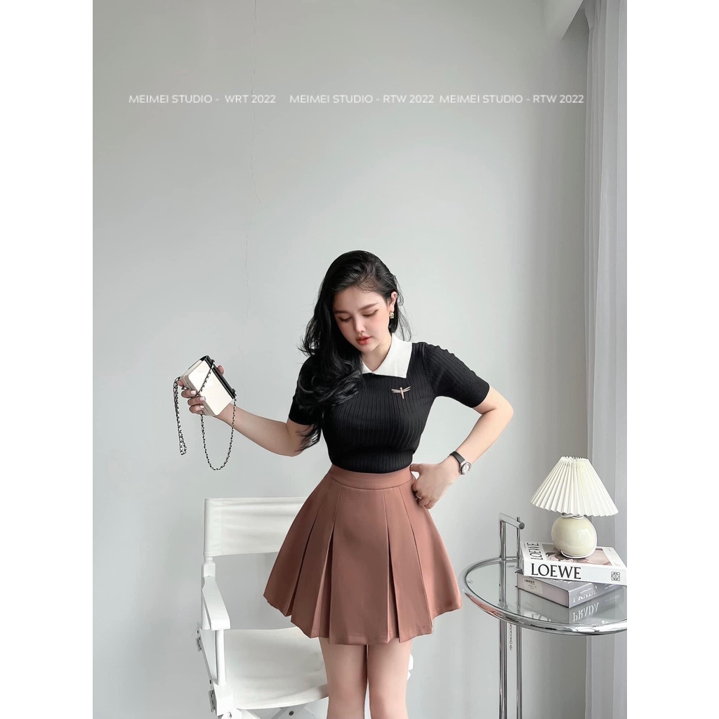 Áo len thêu Jenny cộc tay cổ bẻ ôm body - Vài co giãn thoải mái - Phong cách Hàn Quốc | TQA06 | MeiMei Studio