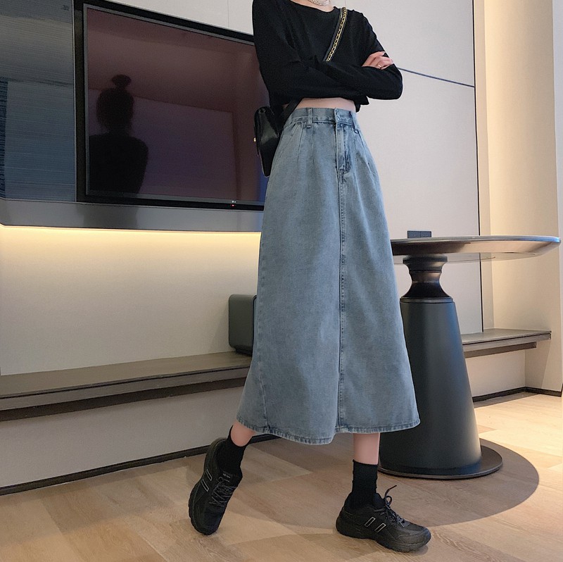 Chân Váy Denim Lưng Cao Xẻ Tà Phong Cách Vintage | BigBuy360 - bigbuy360.vn