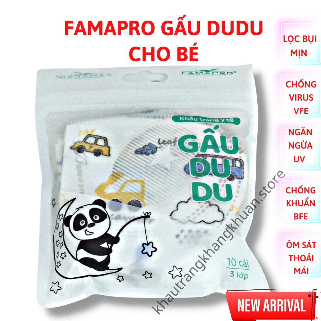 Khẩu trang 5D cho bé, khẩu trang Famapro Gấu Dudu cho bé, dễ đeo, ôm sát, không ngợp (hôp, túi 10 cái)