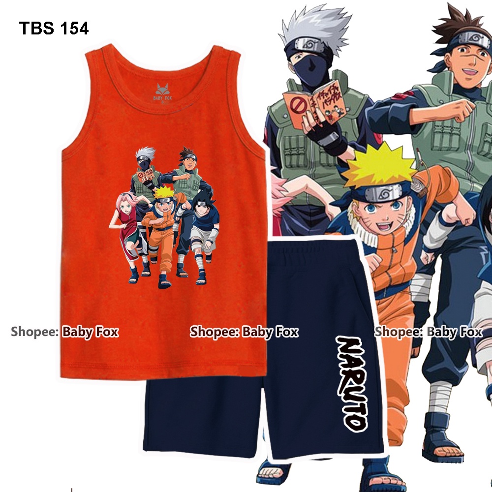 Bộ thun sát nách bé trai 100% cotton loại tốt, BABY FOX, hình Naruto, size nhí trung, đại l