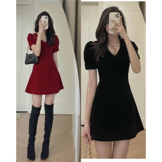 Đầm nhung nơ to tay phồng màu đỏ / đen form chữ A